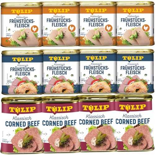TULIP 4x Klassisches Corned Beef 340g + 4x Hähnchen-Frühstücksfleisch 340g + 4x Schweine-Frühstücksfleisch 340g | 98% Rindfleisch 86% Schweinefleisch 80% Hühnerfleisch | Konservenfleisch von Tulip