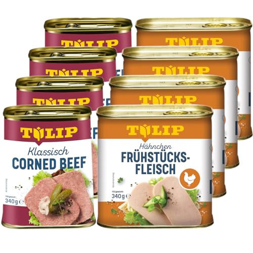 TULIP 4x Klassisches Corned Beef 340g + 4x Hähnchen-Frühstücksfleisch 340g | leckeres Rinder und Hähnchenfleisch | 98% Rindfleisch und 80% Hühnerfleisch von Tulip