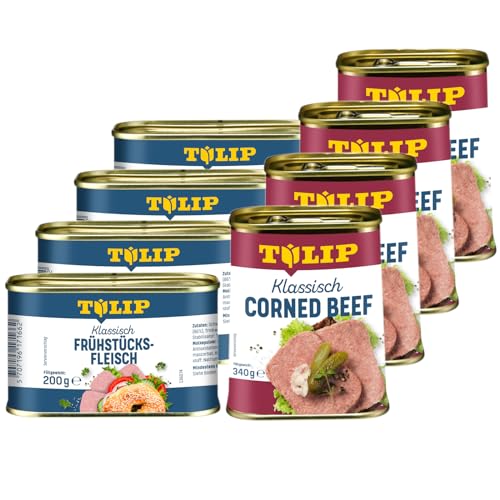 TULIP 4x Klassisches Corned Beef 340g + 4x Schweine-Frühstücksfleisch 200g | leckeres Rinder und Schweinefleisch | 98% Rindfleisch und 86% Schweinefleisch von Tulip