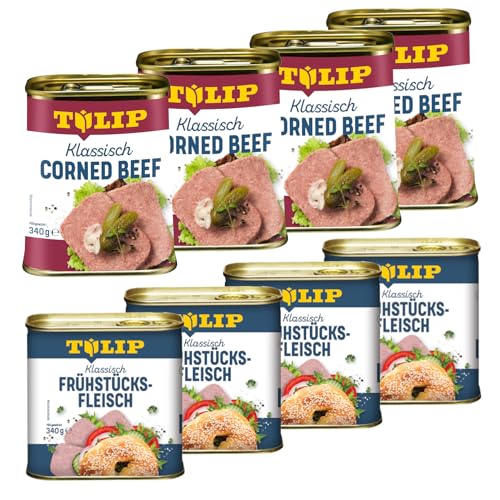 TULIP 4x Klassisches Corned Beef 340g + 4x Schweine-Frühstücksfleisch 340g | leckeres Rinder und Schweinefleisch | 98% Rindfleisch 86% Schweinefleisch | Dosenfleisch von Tulip