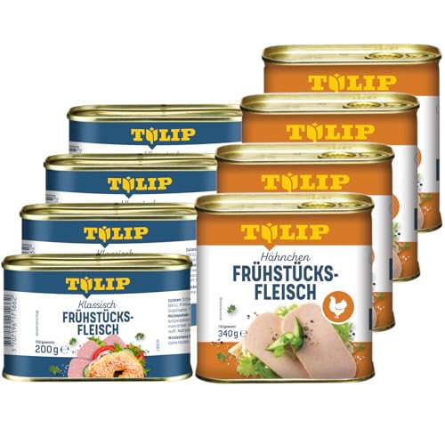 TULIP 4x Schweine-Frühstücksfleisch 200g + 4x Hähnchen-Frühstücksfleisch 340g | leckeres Schweine und Hähnchenfleisch | 86% Schweineflesich und 80% Hühnerfleisch von Tulip