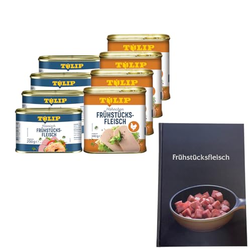 TULIP 4x Schweine-Frühstücksfleisch 200g + 4x Hühnchen-Frühstücksfleisch 340g + Kochbuch | Fleisch in der Dose + Gebundenes Kochbuch mit 57 Rezepten | 87% Schweinefleisch und 80% Hähnchen von Tulip