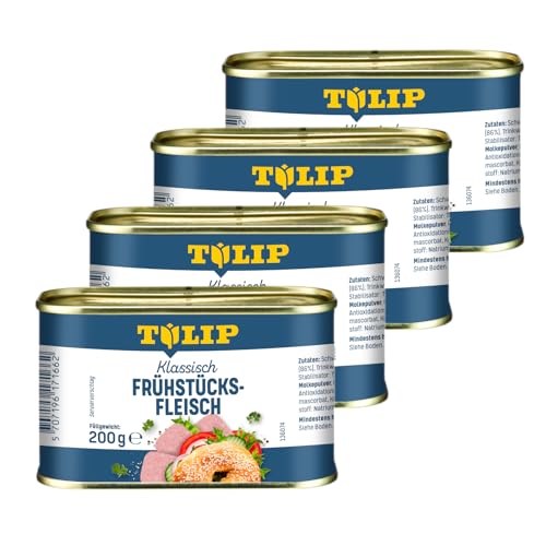 TULIP 4x Schweine-Frühstücksfleisch 200g | leckeres Schweinefleisch in der praktischen recycelbaren Konserve | Schweine-Frühstücksfleisch in der Dose | 86% Schweinefleisch von Tulip