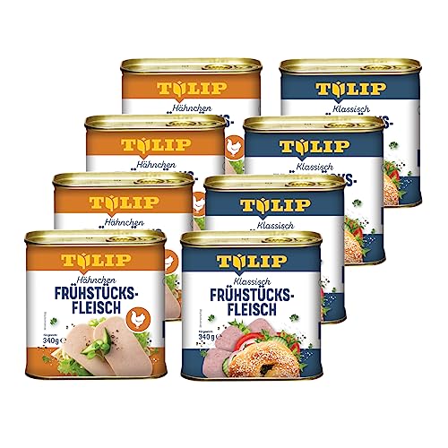 TULIP 4x Schweine-Frühstücksfleisch 340g + 4x Hähnchen-Frühstücksfleisch 340g | leckeres Hähnchen und Schweinefleisch | 80% Hähnchenfleisch und 86% Schweinefleisch von Tulip