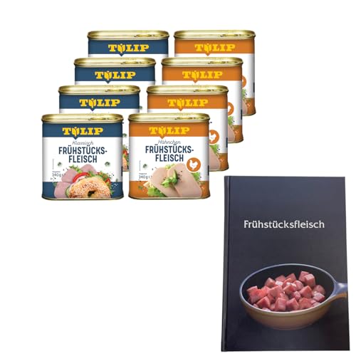 TULIP 4x Schweine-Frühstücksfleisch 340g + 4x Hühnchen-Frühstücksfleisch 340g + Kochbuch | Fleisch in der Dose + Gebundenes Kochbuch mit 57 Rezepten | 87% Schweinefleisch und 80% Hähnchen von Tulip