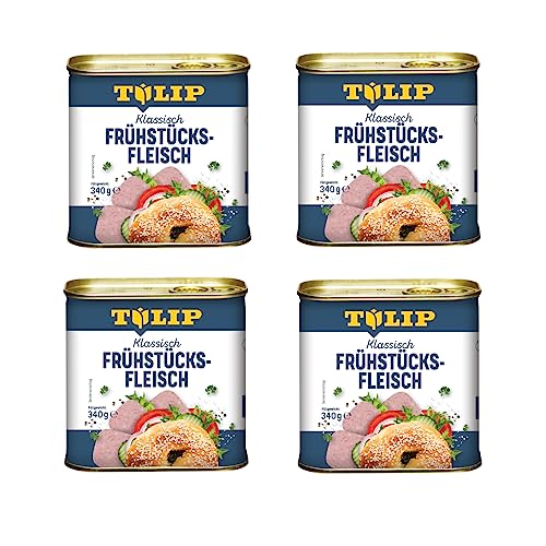 TULIP 4x Schweine-Frühstücksfleisch 340g | leckeres Schweinefleisch in der praktischen recycelbaren Konserve | Schweine-Frühstücksfleisch in der Dose | 86% Schweinefleisch von Tulip