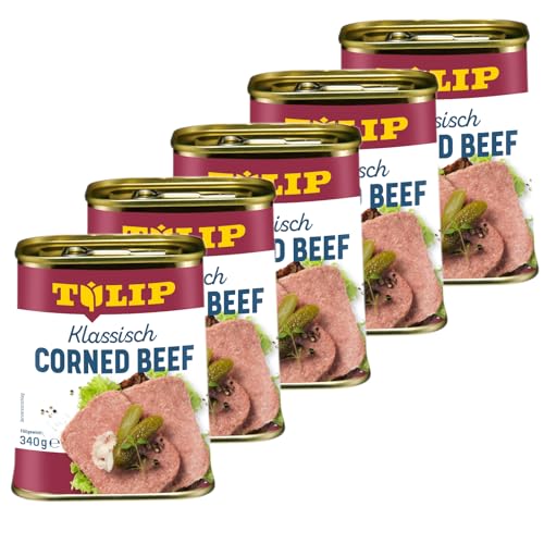TULIP 5x Corned Beef 340 g | Klassisches Frühstücksfleisch in der Dose | Zartes gepökeltes Fleisch in der Konserve | Konservenfleisch mit 98% Rindfleisch von Tulip