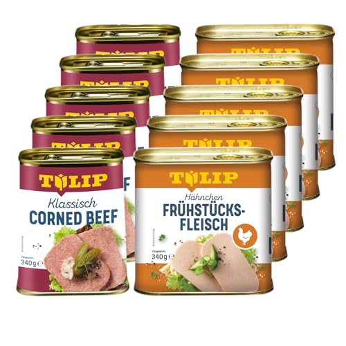 TULIP 5x Klassisches Corned Beef 340g + 5x Hähnchen-Frühstücksfleisch 340g | leckeres Rinder und Hähnchenfleisch | 98% Rindfleisch und 80% Hühnerfleisch von Tulip