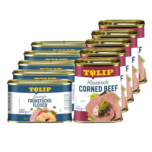 TULIP 5x Klassisches Corned Beef 340g + 5x Schweine-Frühstücksfleisch 200g | leckeres Rinder und Schweinefleisch | 98% Rindfleisch und 86% Schweinefleisch von Tulip
