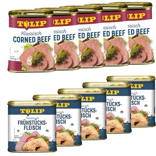 TULIP 5x Klassisches Corned Beef 340g + 5x Schweine-Frühstücksfleisch 340g | leckeres Rinder und Schweinefleisch | 98% Rindfleisch 86% Schweinefleisch | Dosenfleisch von Tulip
