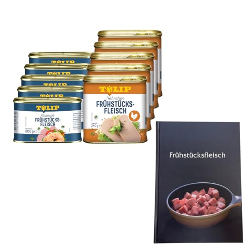 TULIP 5x Schweine-Frühstücksfleisch 200g + 5x Hühnchen-Frühstücksfleisch 340g + Kochbuch | Fleisch in der Dose + Gebundenes Kochbuch mit 57 Rezepten | 87% Schweinefleisch und 80% Hähnchen von Tulip