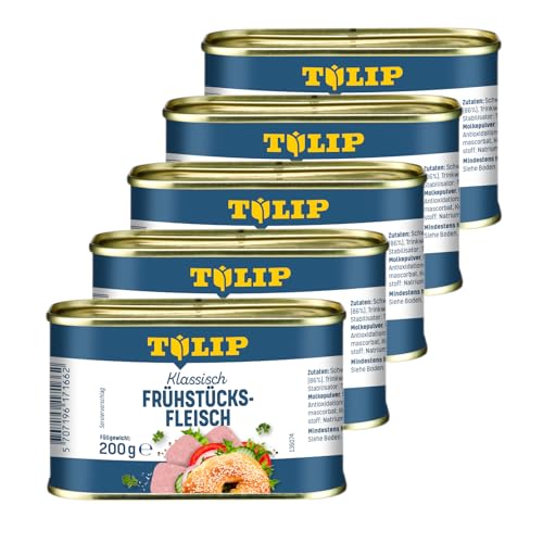 TULIP 5x Schweine-Frühstücksfleisch 200g | leckeres Schweinefleisch in der praktischen recycelbaren Konserve | Schweine-Frühstücksfleisch in der Dose | 86% Schweinefleisch von Tulip