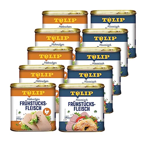 TULIP 5x Schweine-Frühstücksfleisch 340g + 5x Hähnchen-Frühstücksfleisch 340g | leckeres Hähnchen und Schweinefleisch | 80% Hähnchenfleisch und 86% Schweinefleisch von Tulip