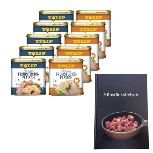 TULIP 5x Schweine-Frühstücksfleisch 340g + 5x Hühnchen-Frühstücksfleisch 340g + Kochbuch | Fleisch in der Dose + Gebundenes Kochbuch mit 57 Rezepten | 87% Schweinefleisch und 80% Hähnchen von Tulip