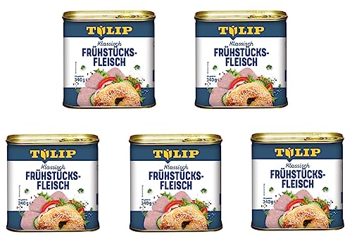 TULIP 5x Schweine-Frühstücksfleisch 340g | leckeres Schweinefleisch in der praktischen recycelbaren Konserve | Schweine-Frühstücksfleisch in der Dose | 86% Schweinefleisch von Tulip