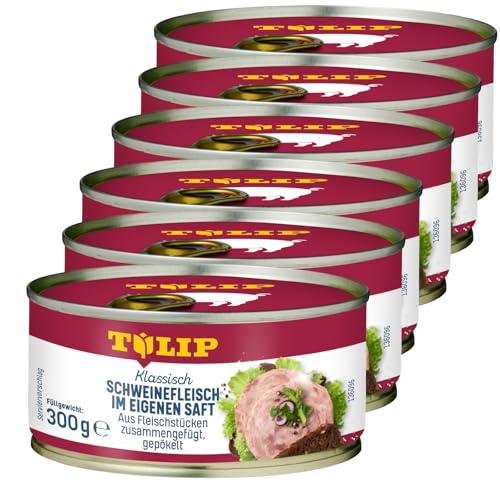 TULIP 6x 300 g Schweinefleisch im eigenen Saft | Fleisch Schwein 94% | Frühstücksfleisch in der Konserve | Ideal als Belag oder zum Anbraten | Konservenfleisch von Tulip