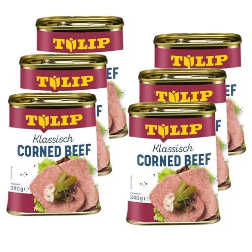 TULIP 6x Corned Beef 340 g | Klassisches Frühstücksfleisch in der Dose | Zartes gepökeltes Fleisch in der Konserve | Konservenfleisch mit 98% Rindfleisch von Tulip