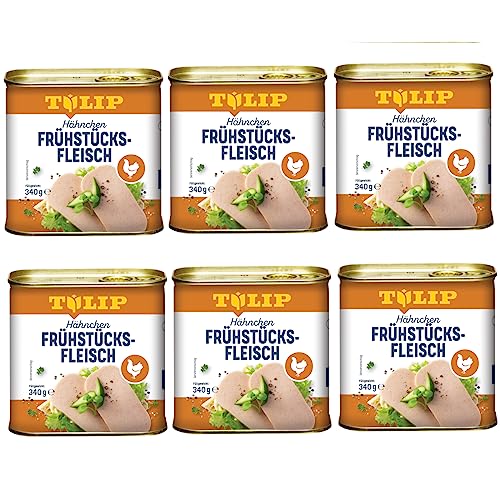 TULIP 6x Hähnchen-Frühstücksfleisch 340g | leckeres Hähnchenfleisch in der praktischen recycelbaren Konserve | Geflügel-Frühstücksfleisch in der Dose | 80% Hähnchenfleisch von Tulip