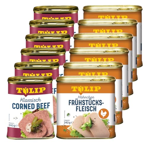 TULIP 6x Klassisches Corned Beef 340g + 6x Hähnchen-Frühstücksfleisch 340g | leckeres Rinder und Hähnchenfleisch | 98% Rindfleisch und 80% Hühnerfleisch von Tulip