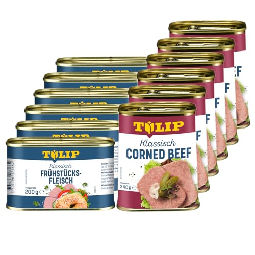 TULIP 6x Klassisches Corned Beef 340g + 6x Schweine-Frühstücksfleisch 200g | leckeres Rinder und Schweinefleisch | 98% Rindfleisch und 86% Schweinefleisch von Tulip
