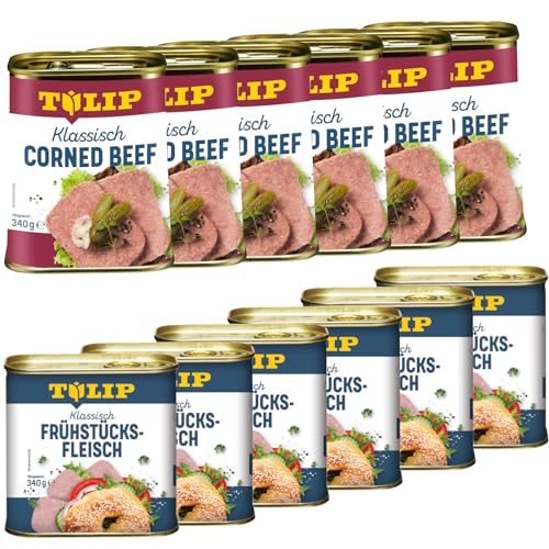 TULIP 6x Klassisches Corned Beef 340g + 6x Schweine-Frühstücksfleisch 340g | leckeres Rinder und Schweinefleisch | 98% Rindfleisch 86% Schweinefleisch | Dosenfleisch von Tulip