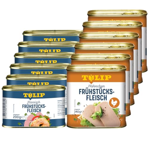 TULIP 6x Schweine-Frühstücksfleisch 200g + 6x Hähnchen-Frühstücksfleisch 340g | leckeres Schweine und Hähnchenfleisch | 86% Schweineflesich und 80% Hühnerfleisch von Tulip