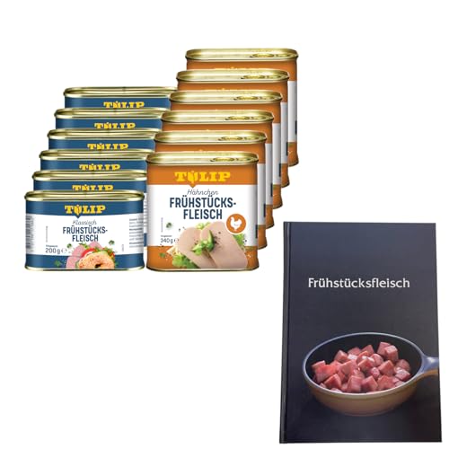 TULIP 6x Schweine-Frühstücksfleisch 200g + 6x Hühnchen-Frühstücksfleisch 340g + Kochbuch | Fleisch in der Dose + Gebundenes Kochbuch mit 57 Rezepten | 87% Schweinefleisch und 80% Hähnchen von Tulip