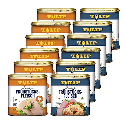 TULIP 6x Schweine-Frühstücksfleisch 340g + 6x Hähnchen-Frühstücksfleisch 340g | leckeres Hähnchen und Schweinefleisch | 80% Hähnchenfleisch und 86% Schweinefleisch von Tulip