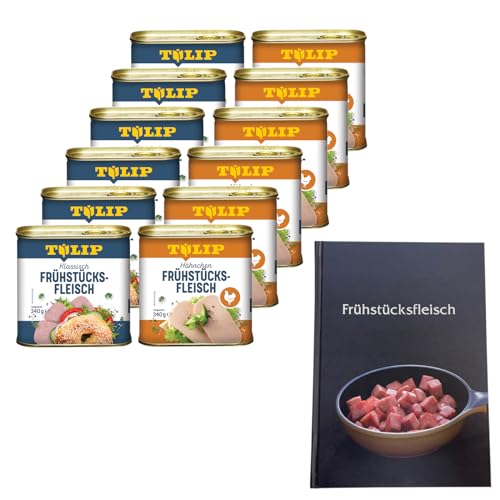 TULIP 6x Schweine-Frühstücksfleisch 340g + 6x Hühnchen-Frühstücksfleisch 340g + Kochbuch | Fleisch in der Dose + Gebundenes Kochbuch mit 57 Rezepten | 87% Schweinefleisch und 80% Hähnchen von Tulip