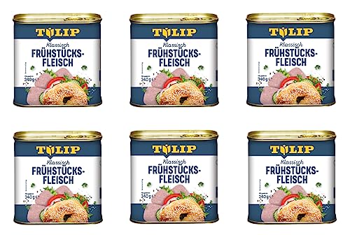 TULIP 6x Schweine-Frühstücksfleisch 340g | leckeres Schweinefleisch in der praktischen recycelbaren Konserve | Schweine-Frühstücksfleisch in der Dose | 86% Schweinefleisch von Tulip
