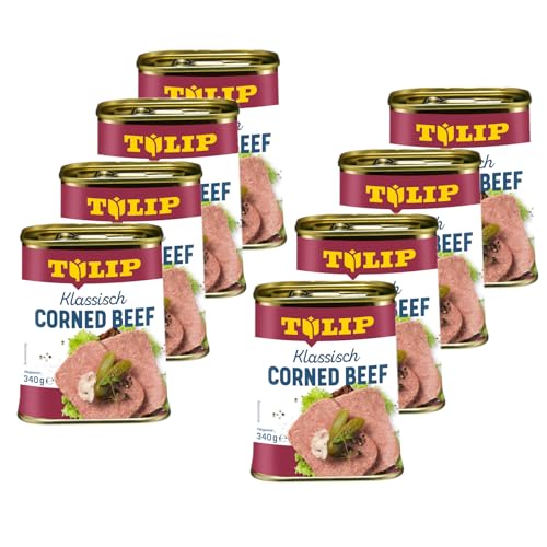 TULIP 8x Corned Beef 340 g | Klassisches Frühstücksfleisch in der Dose | Zartes gepökeltes Fleisch in der Konserve | Konservenfleisch mit 98% Rindfleisch von Tulip