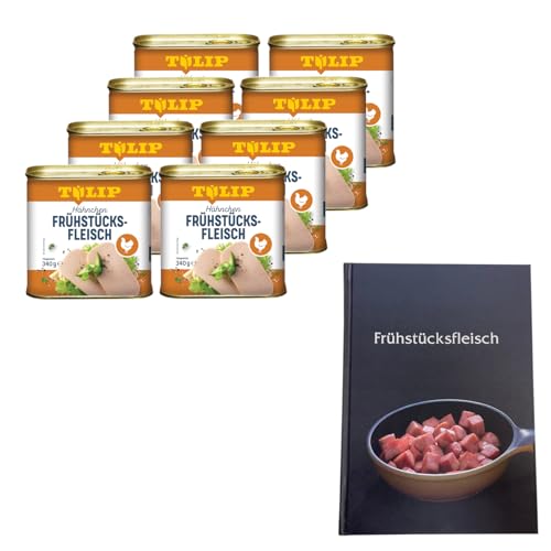 TULIP 8x Hähnchen-Frühstücksfleisch 340g + Kochbuch | Geflügel-Frühstücksfleisch in der Dose und ein passendes gebundenes Kochbuch mit 57 Rezepten | 80% Hühnerfleisch von Tulip