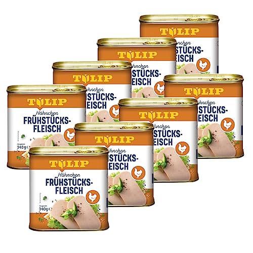 TULIP 8x Hähnchen-Frühstücksfleisch 340g | leckeres Hähnchenfleisch in der praktischen recycelbaren Konserve | Geflügel-Frühstücksfleisch in der Dose | 80% Hähnchenfleisch von Tulip