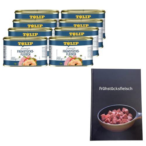 TULIP 8x Schweine-Frühstücksfleisch 200g + Kochbuch | Schweine-Frühstücksfleisch in der Dose und ein passendes Frühstücksfleisch gebundenes Kochbuch mit 57 Rezepten | 87% Schweinefleisch von Tulip