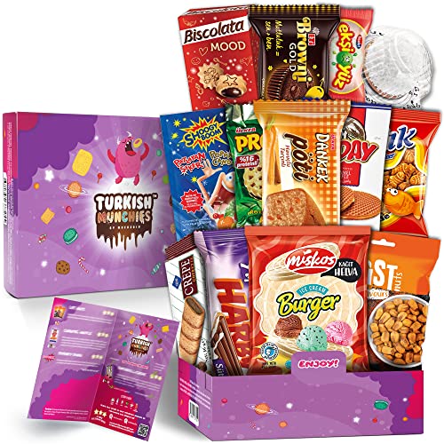 Midi Süßigkeiten Box mit 13 Snacks| Ähnlich Amerikanische USA Süßigkeiten American Candy Box | Süßigkeiten Aus Aller Welt | Snackbox aus der Türkei | Snacks in Originalgröße in einer Süssigkeiten Box von Turkish Munchies by Muekzoin