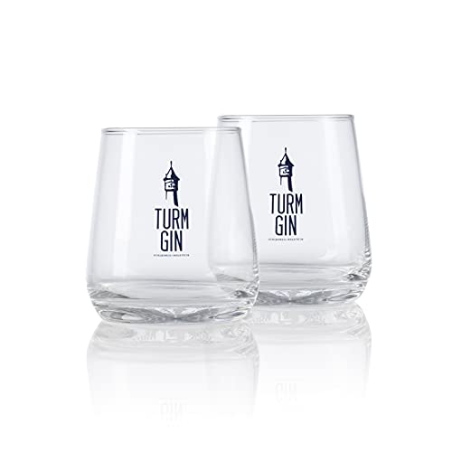 TURM GIN Gläser mit Logo und Siegel | 2 dekorative Gläser im unverkennbaren TURM GIN Design | Mit Emblem auf dem Glas und eingelasertem Siegel im Glasboden | Spülmaschinengeeignet [370ml je Glas] von Turm Gin