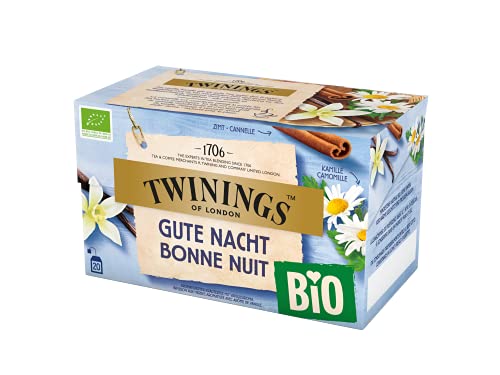 Twinings Bio Gute Nacht Kräuter-Tee - beruhigende Bio Kräuter-Teemischung mit Kamille, Zimt und Vanille verfeinert mit Rooibos, 20 Tee-Beutel, 34 g von Twinings