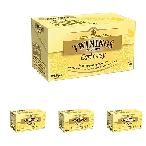 Twinings Earl Grey - Schwarzer Tee im Teebeutel verfeinert mit Bergamotte-Aroma - erfrischender Schwarztee aus China, 25 Teebeutel (50 g) (Packung mit 4) von Twinings