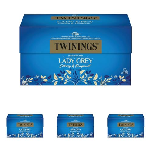 Twinings Lady Grey - Schwarzer Tee im Teebeutel als reichhaltige Mischung chinesischer Schwarztee Teesorten mit Orangen- und Zitronenschale, vollendet mit Bergamotte-Aroma, 50 g (Packung mit 4) von Twinings