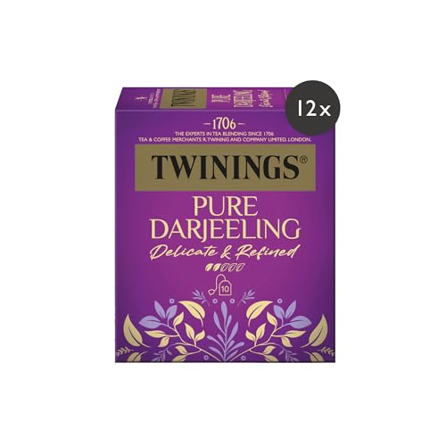 Twinings PURE DARJEELING Schwarzer Tee im Teebeutel - zarter Schwarztee mit einem Hauch Muskat, gepflückt in den Anbaugebieten der Himalaja-Region, 12er Pack (je 10 Beutel) von Twinings