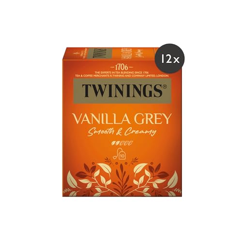 Twinings VANILLA GREY Schwarzer Tee im Teebeutel - leichte Schwarztee Mischung mit Vanille- & Bergamotte-Aromen, Rosenblüten und Lavendel, 12er Pack (je 10 Beutel) von Twinings
