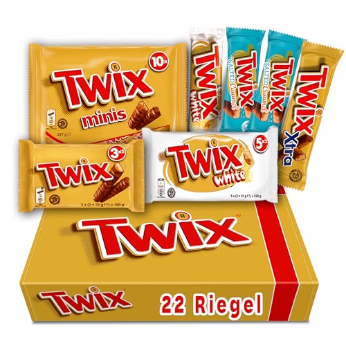 TWIX Fan-Box I Schokoriegel Mix-Box I 7 Packungen I 22 Riegel I 6 Sorten I 820g I White I Salted Caramel I Original Schokolade I Xtra I Minis von Twix