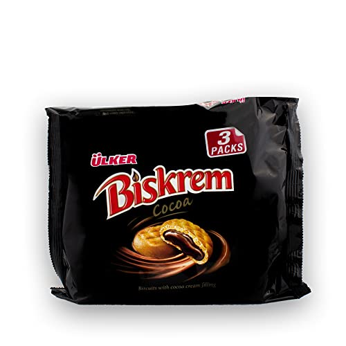 ÜLKER Biskrem - Süße Cookies mit Kakao-Creme-Füllung - Köstliche Halal Süßigkeit für Ihre Tee- oder Kaffeepause - Türkische Süssigkeiten - Besondere Süßigkeit für Unterwegs - 3 x 100 g von Ülker