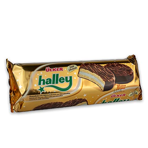 ÜLKER Halley - Sandwich-Keks - Türkische Süssigkeit mit Überzug aus Vollmilchschokolade und Marshmallow-Füllung - Halal Süßigkeit zum Mitnehmen - 10 x 30 g Kaffeekekse in einer Packung von Ülker