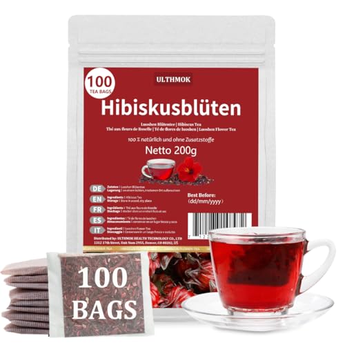 Hibiskusblüte Tee，Hibiskustee 100 Teebeutel(je 2g)，Getrocknete Hibiskusblüte, Natürlich und Ohne Zusatzstoffe, Koffeinfrei von ULTHMOK