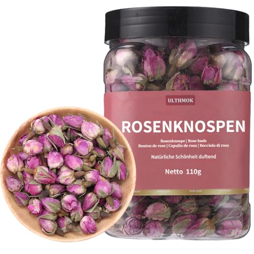 ULTHMOK Hochwertige getrocknete Rosenknospen im Glas 110g – 100% reiner und natürlicher Rosentee – getrocknete Rosenblätter, essbare Rosen zum Backen, Geschenk, Basteln, Hochzeit von ULTHMOK