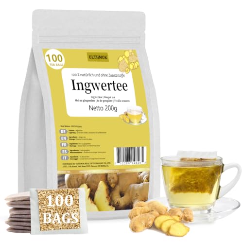 ULTHMOK Premium Ingwer Tee - 100% Reine Ingwerwurzel, 100 Teebeutel, Keine Zusatzstoffe & Koffeinfrei von ULTHMOK