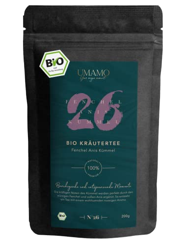 UMAMO Bio Fenchel Anis Kümmel Tee 200g, Bio Kräutertee lose, Magenfein Tee, Mild im Geschmack, Vorratspackung, in Deutschland abgefüllt und kontrolliert von UMAMO