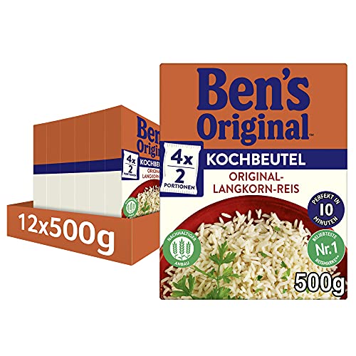 Ben's Original Original Langkorn Reis, 10 Minuten Kochbeutel, 12 Packungen (12 x 500g) von BEN’S ORIGINAL