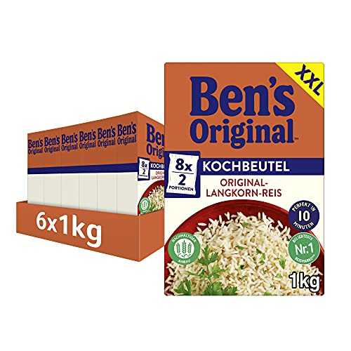 BEN’S ORIGINAL Ben's Original Original-Langkorn-Reis, 10 Minuten Kochbeutel, 6 Packungen (6 x 1kg) von BEN’S ORIGINAL